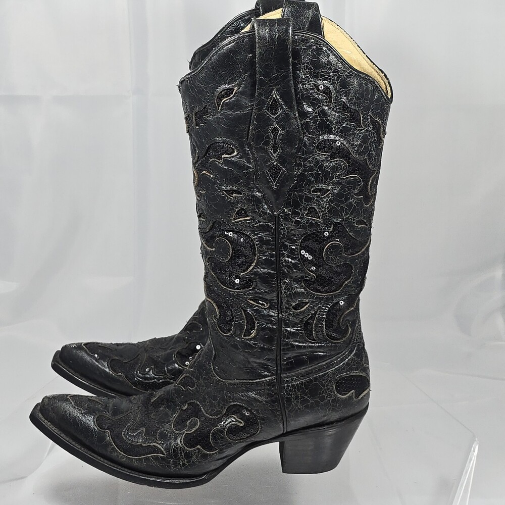 Corral A1070 Women 7.5 M Black Goat Leather Sequence Inlay Glitter Cowboy Boots